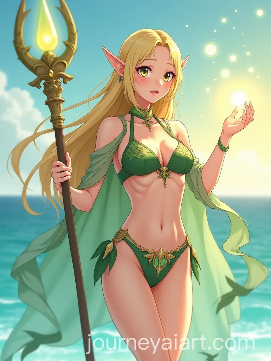 Anime-Elven-Warrior-in-Green-and-Gold-Fantasy-Bikini-with-Magical-Staff-and-Ocean-Background
