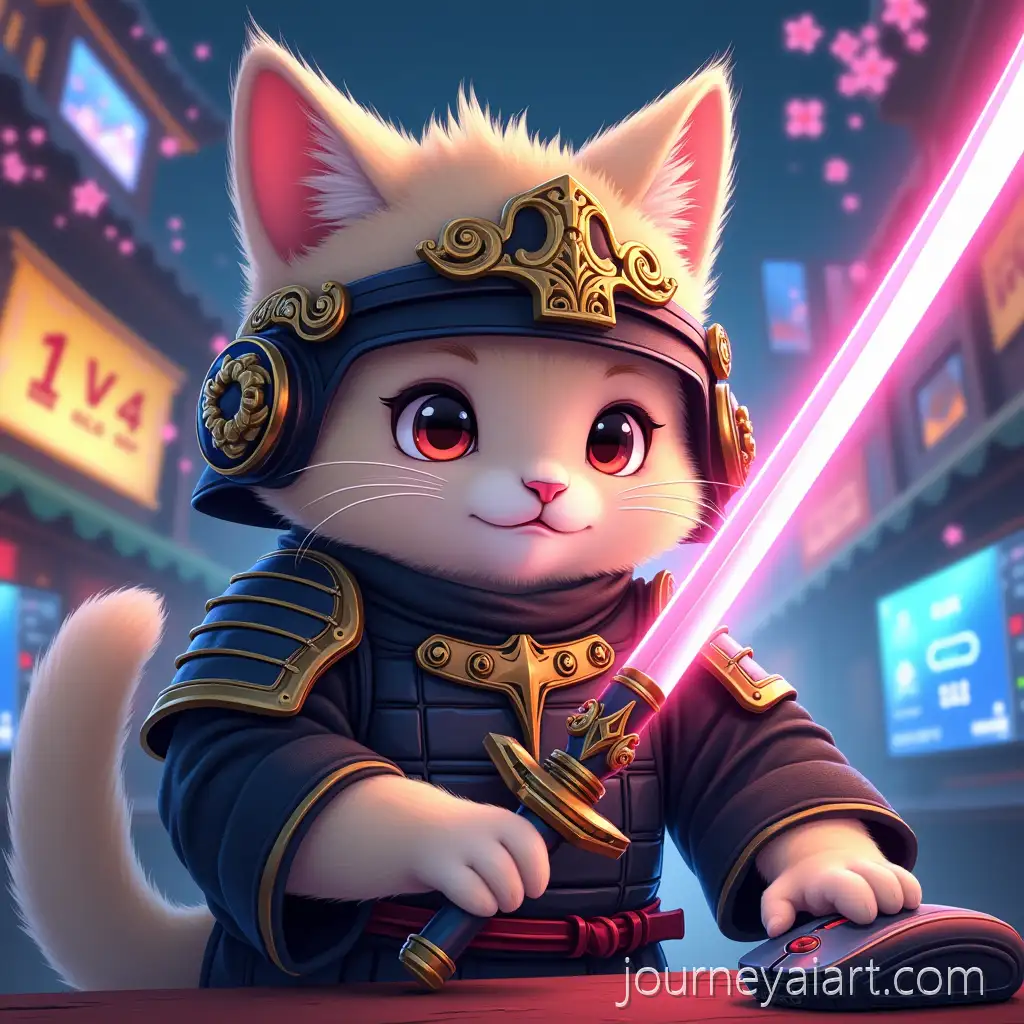 Cute-Anime-Cat-in-Samurai-Armor-Gaming-with-Futuristic-Katana-in-Cyberpunk-Dojo
