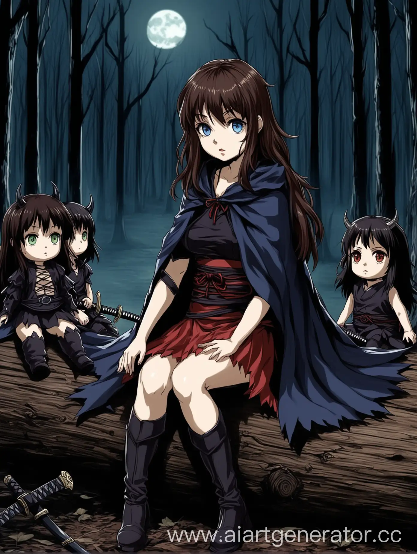 Anime-Girl-Sitting-with-Dolls-in-Night-Forest