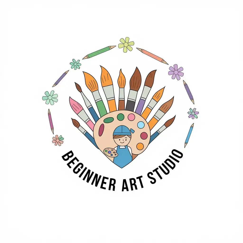 LOGO-Design-For-Beginner-Art-Studio-Heart-of-Paintbrushes-with-Cartoon-Character-and-Colorful-Palette