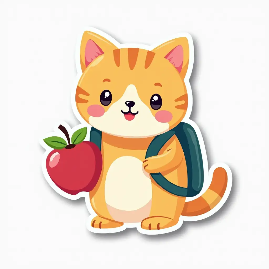 a cute whimsical kawaii style sticker with a cat going back to school