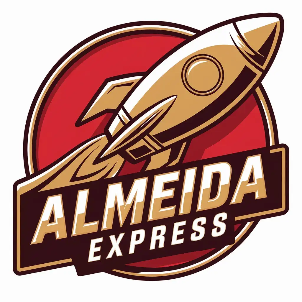 Create a round logo for a delivery service named Almeida Express. The design should feature a golden rocket, symbolizing speed and efficiency. The logo should have a futurist enamel sign. Use a red background to make the golden rocket and the text stand out. The overall feel should be energetic, modern, and impactful, emphasizing the fast and reliable nature of the delivery service