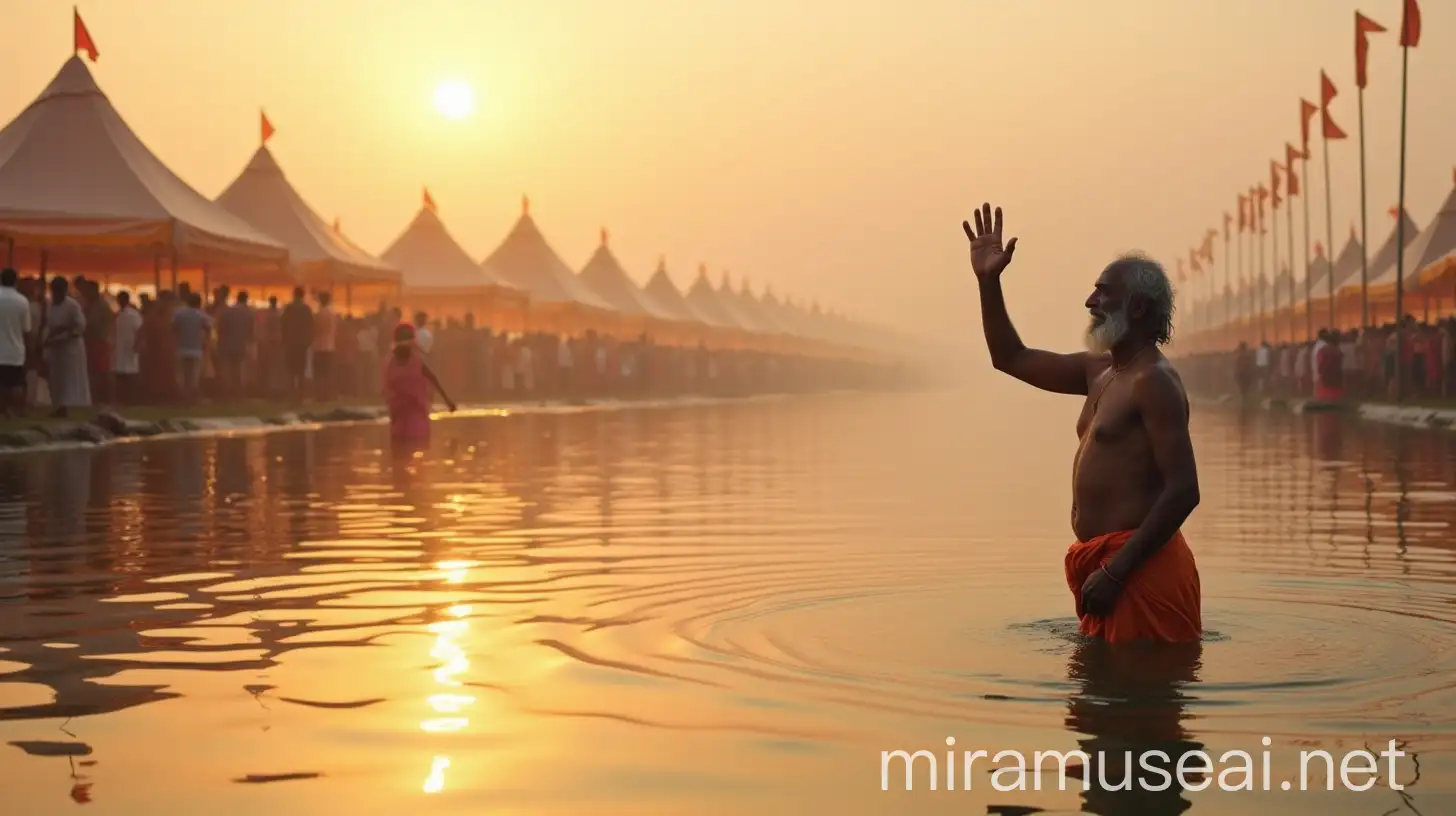 A old Indian sadhu with beard is standing in the river and saluting the sun. There are many tents on the other side of the river. There are orange flags and a lot of people. There is a religious atmosphere.