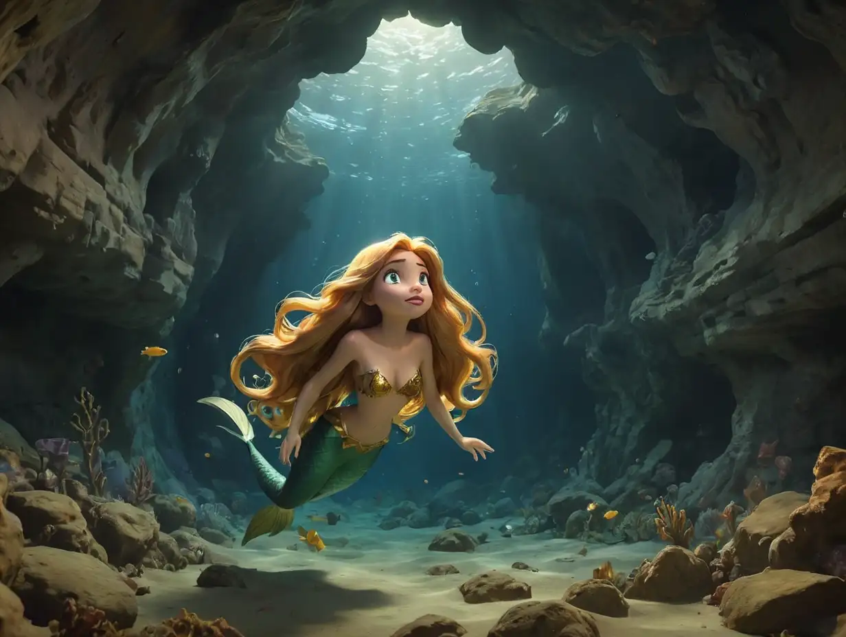 a wide-angle view from behind, showing a little mermaid with long golden hair swimming into the depths of an underwater cave. The atmosphere should be scary and eerie, 3d disney inspire