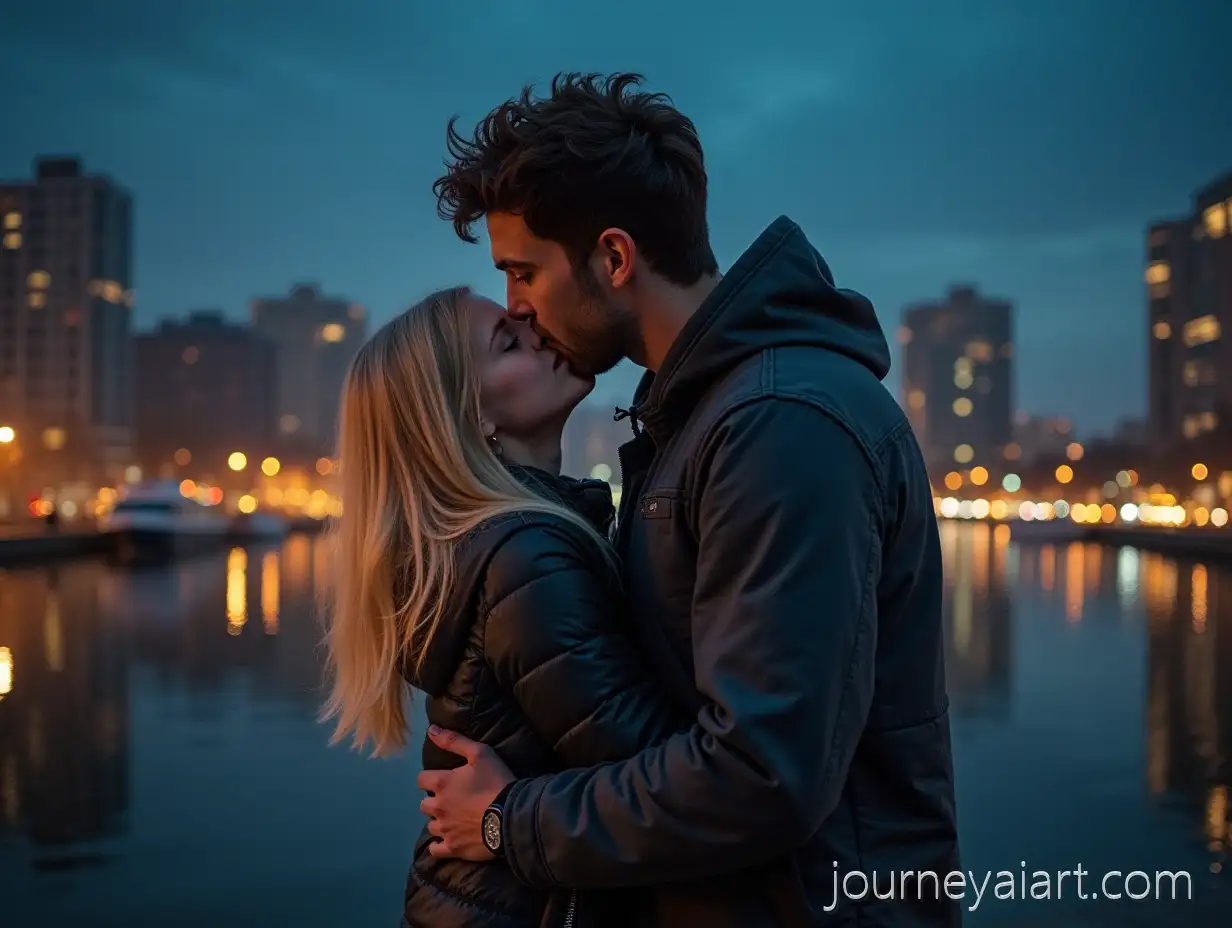 Romantic-Book-Cover-with-Tall-Guy-inBook-cover-romance-scene-Hood-and-Short-Blonde-Girl-Embracing-in-Night-City-Setting