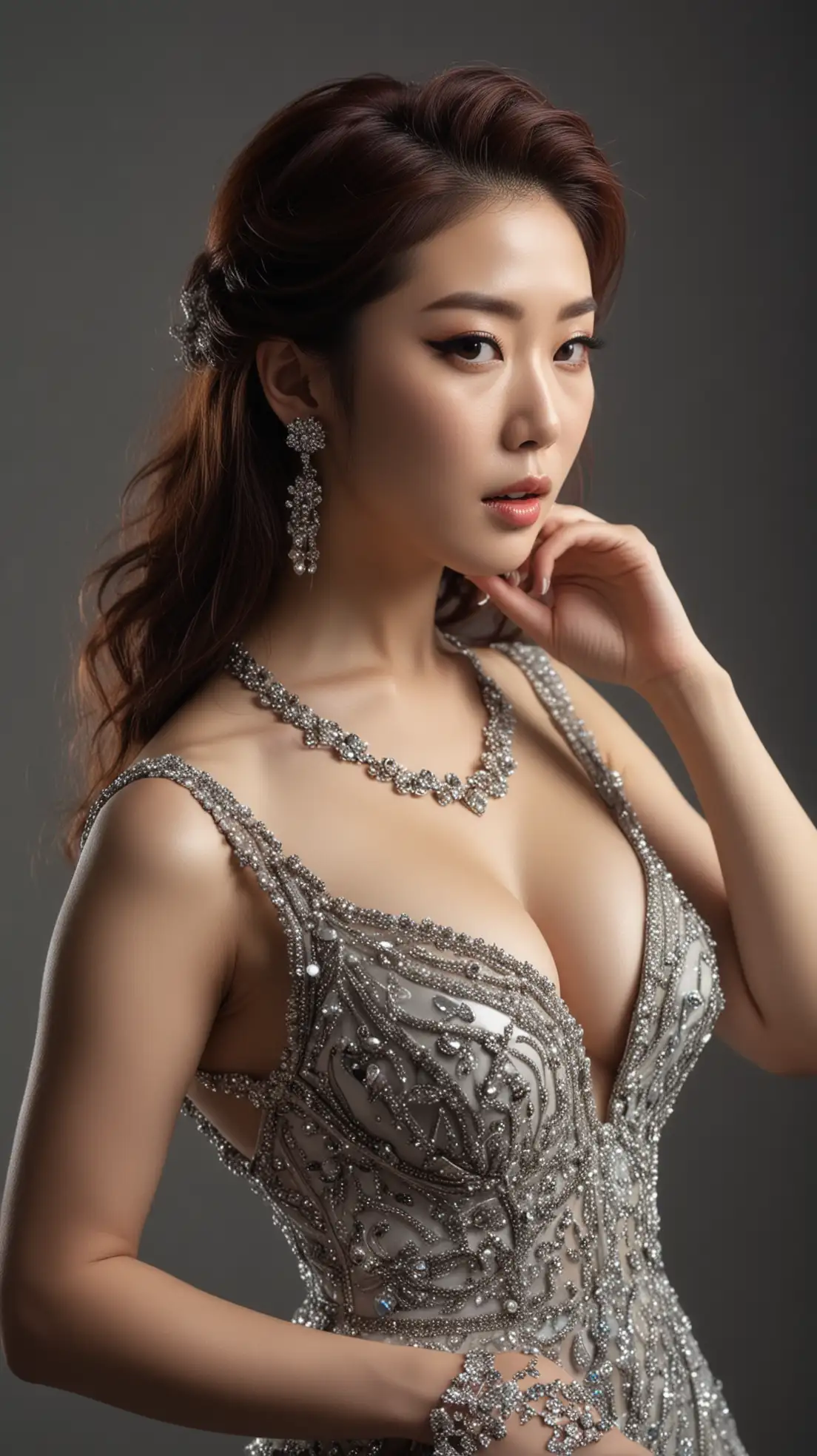 Korean-Race-Queen-in-Elegant-Dress-with-Haute-Couture-Jewelry-and-Dramatic-Makeup