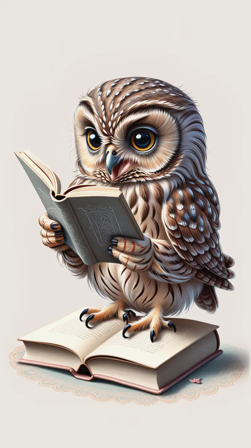 Adorable Little Owl Reading a Book in Pastel Drawing Style