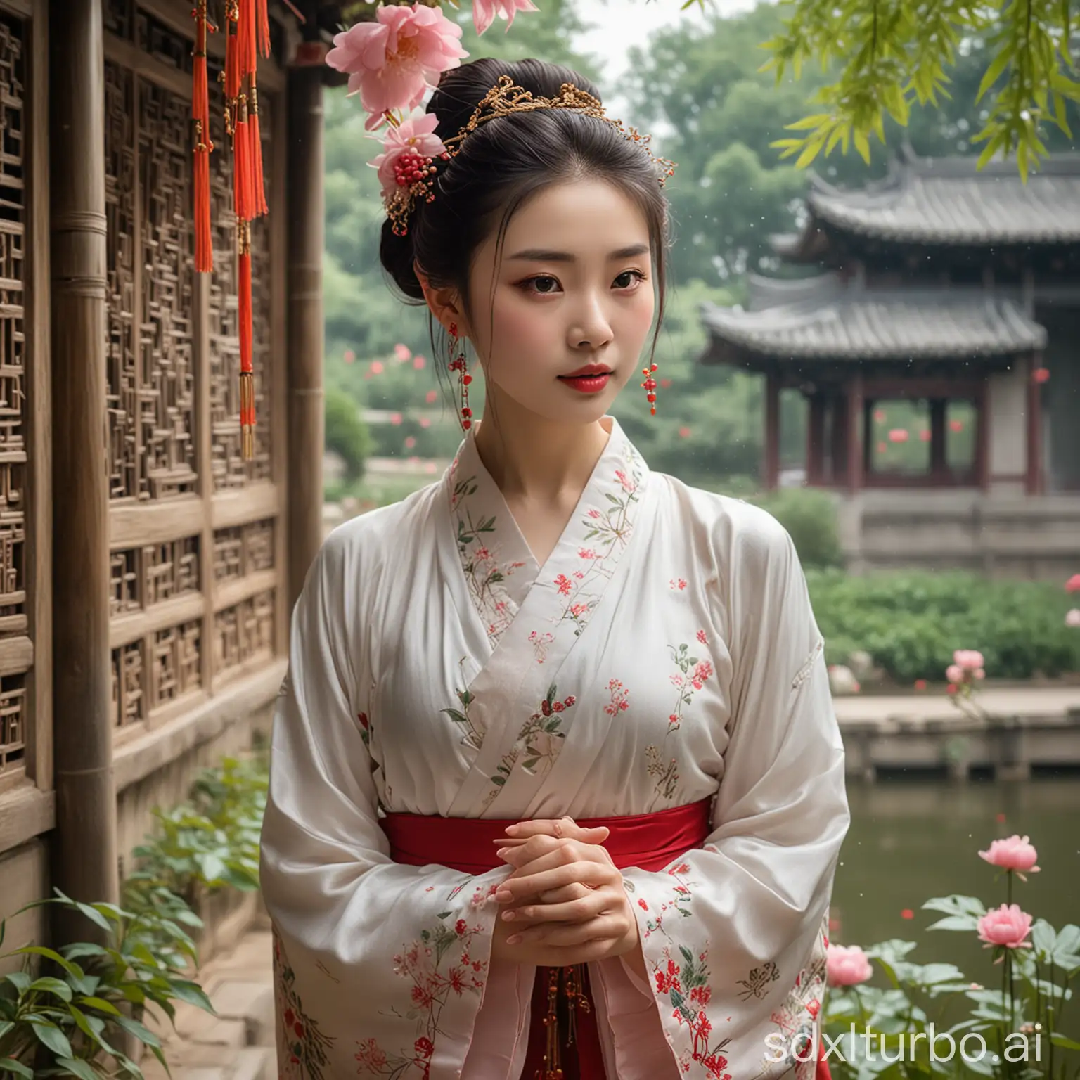 Elegant-Hanfu-Woman-in-Palace-Garden-with-White-Cat