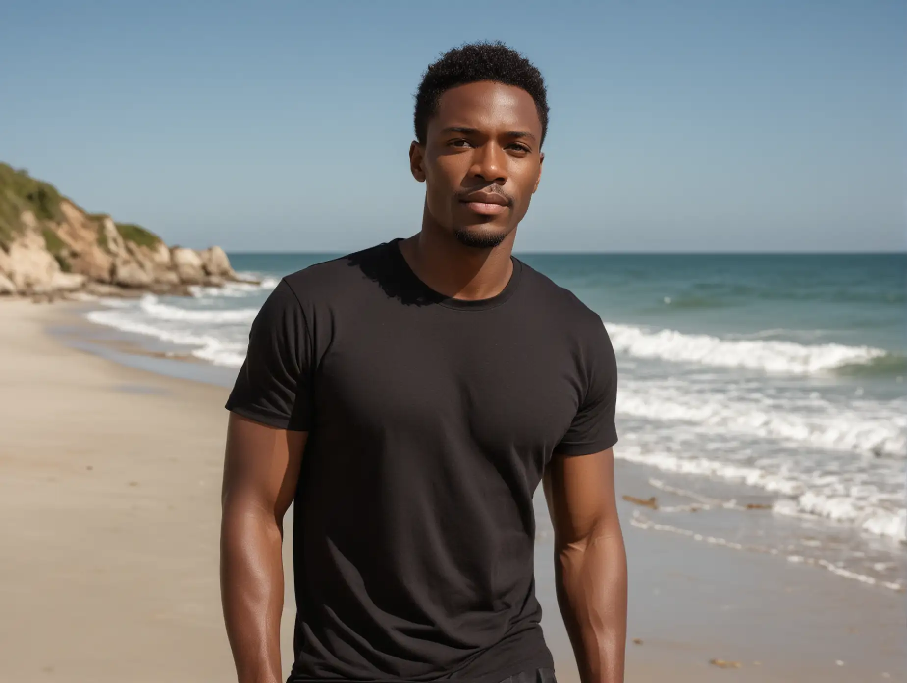 Middleaged Black Male Model in Bella Canva 3001 Black TShirt at Beach