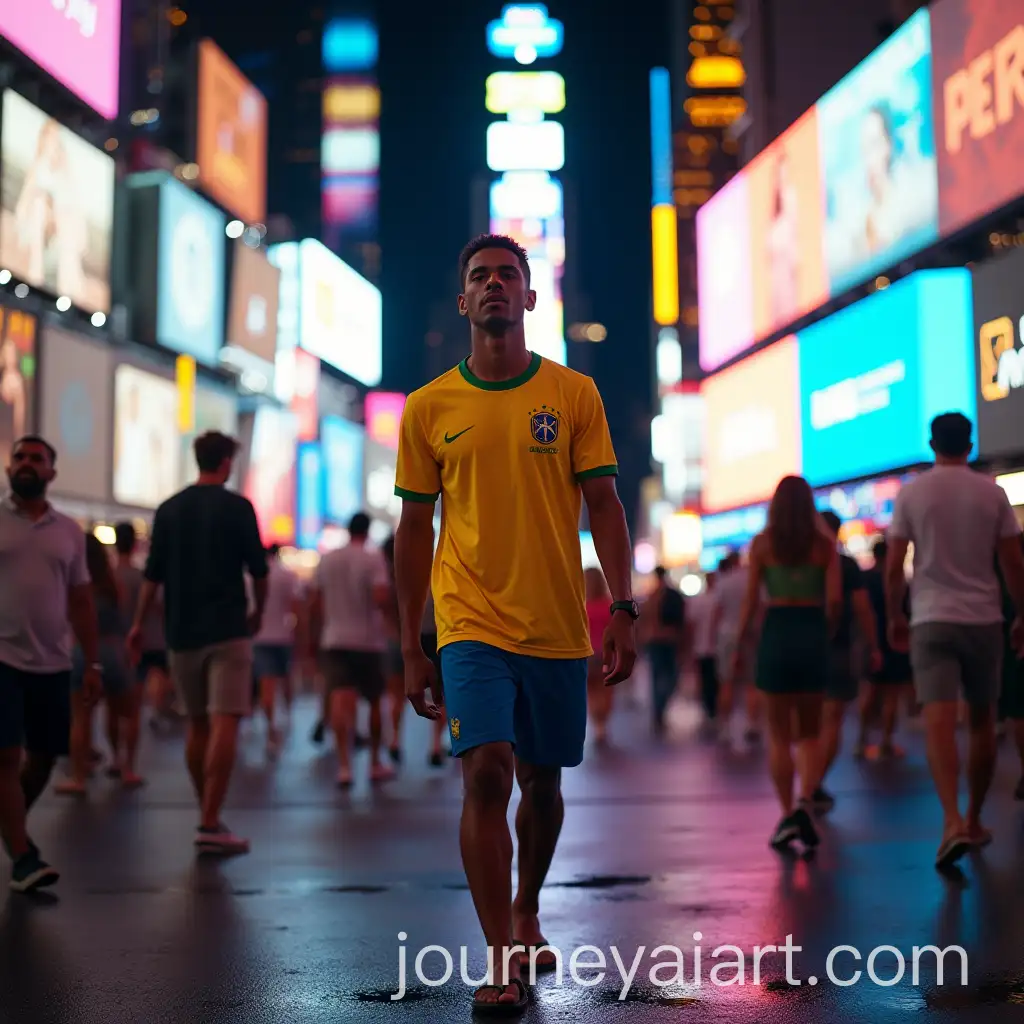 Confident-Brazilian-Man-Walking-Through-Times-Square-with-Vibrant-Neon-Lights