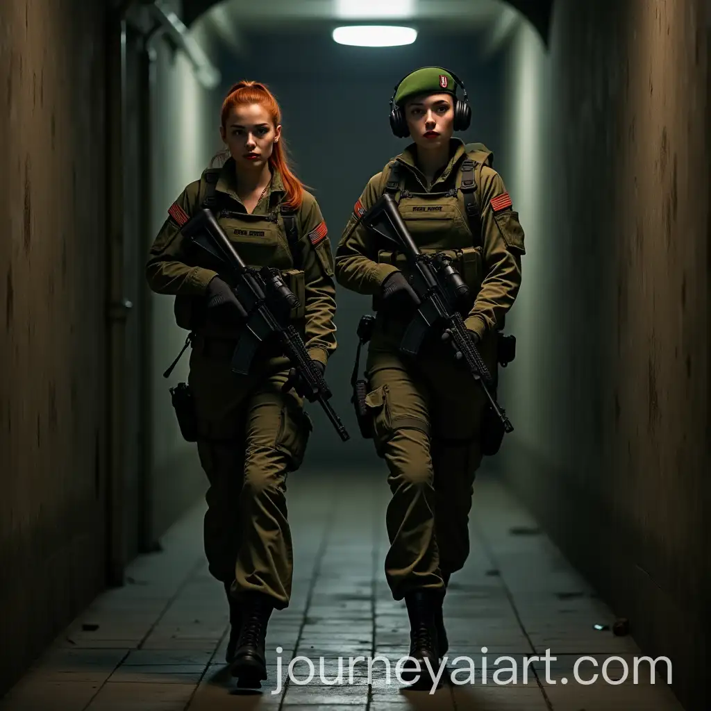 Young-Military-Women-in-Camouflage-Gear-with-AK47-Rifles-in-Dungeon-at-Night