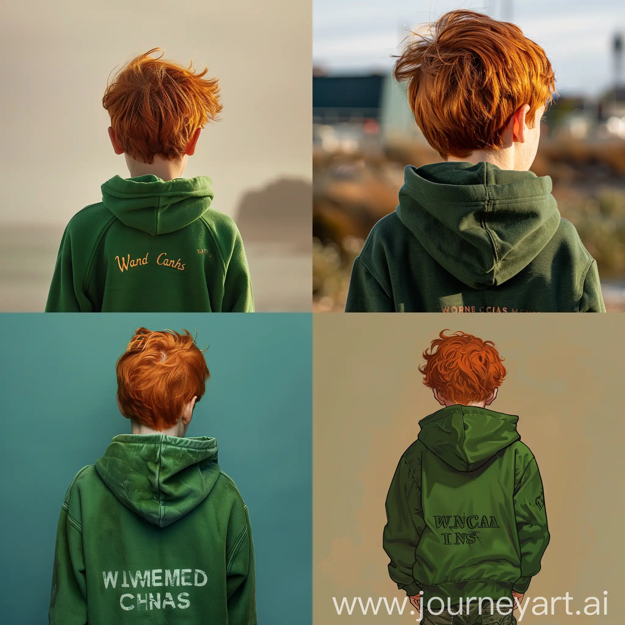 Redhead-Boy-in-Green-Hoodie-Walking-Away-with-Warm-Clean-Island-Background