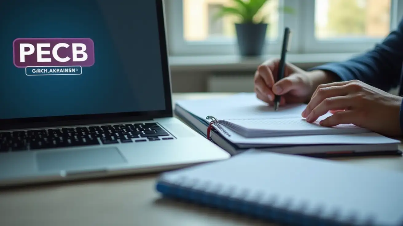 A professional office environment, with a focus on certification exams, a person taking notes in front of a laptop showing a PECB certification logo. Clean, corporate atmosphere with soft lighting, books and notebooks arranged on the table