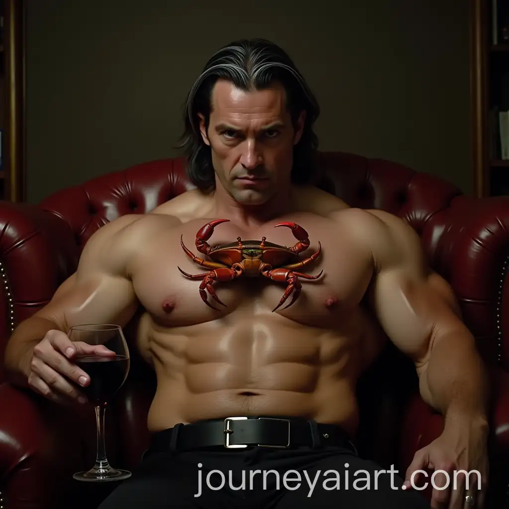 Muscular-Man-with-Crab-Chest-Tattoo-Striding-on-Leather-Couch-Holding-Wine