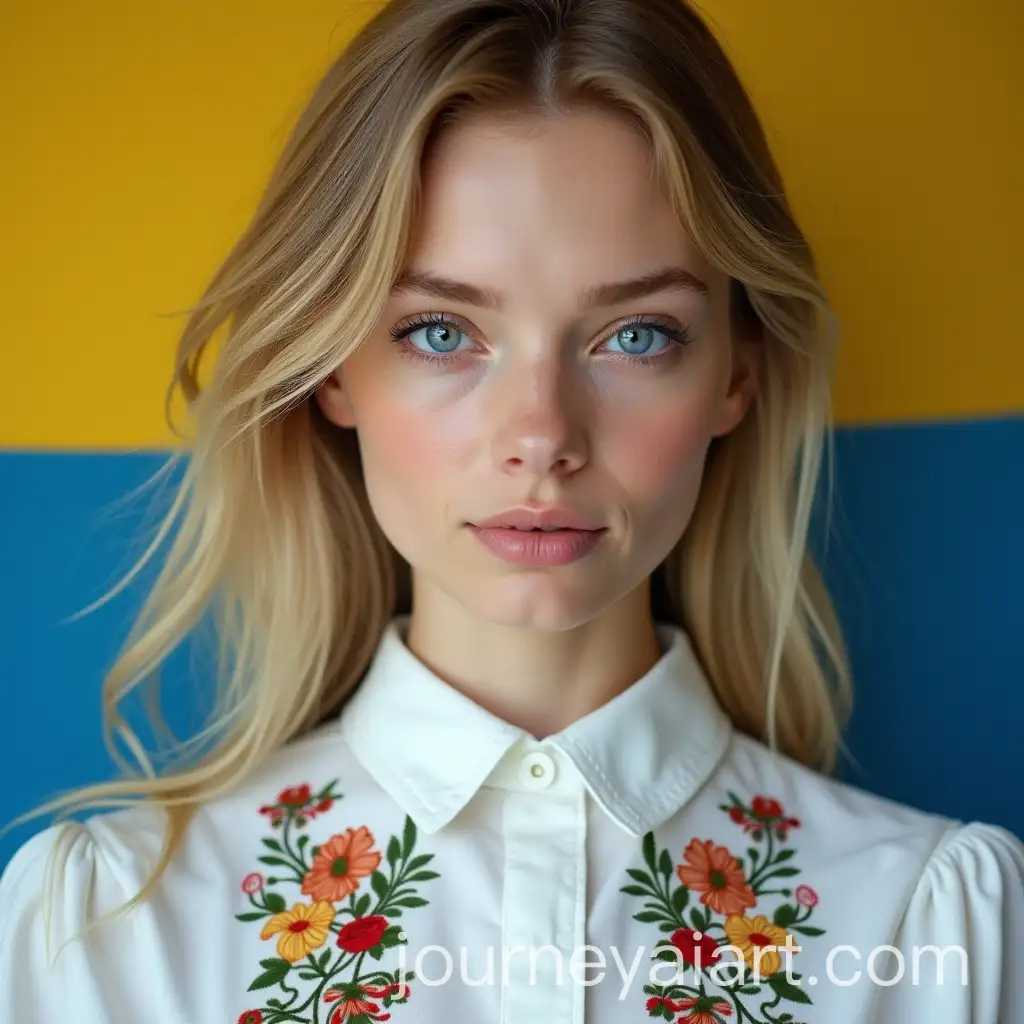 Person-in-White-Shirt-with-Ukrainian-Embroidery-on-YellowBlue-Background