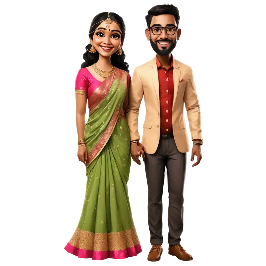 South-Indian-Wedding-Couple-Caricature-in-PNG-Format-Bride-in-Saree-and-Groom-in-Veshti