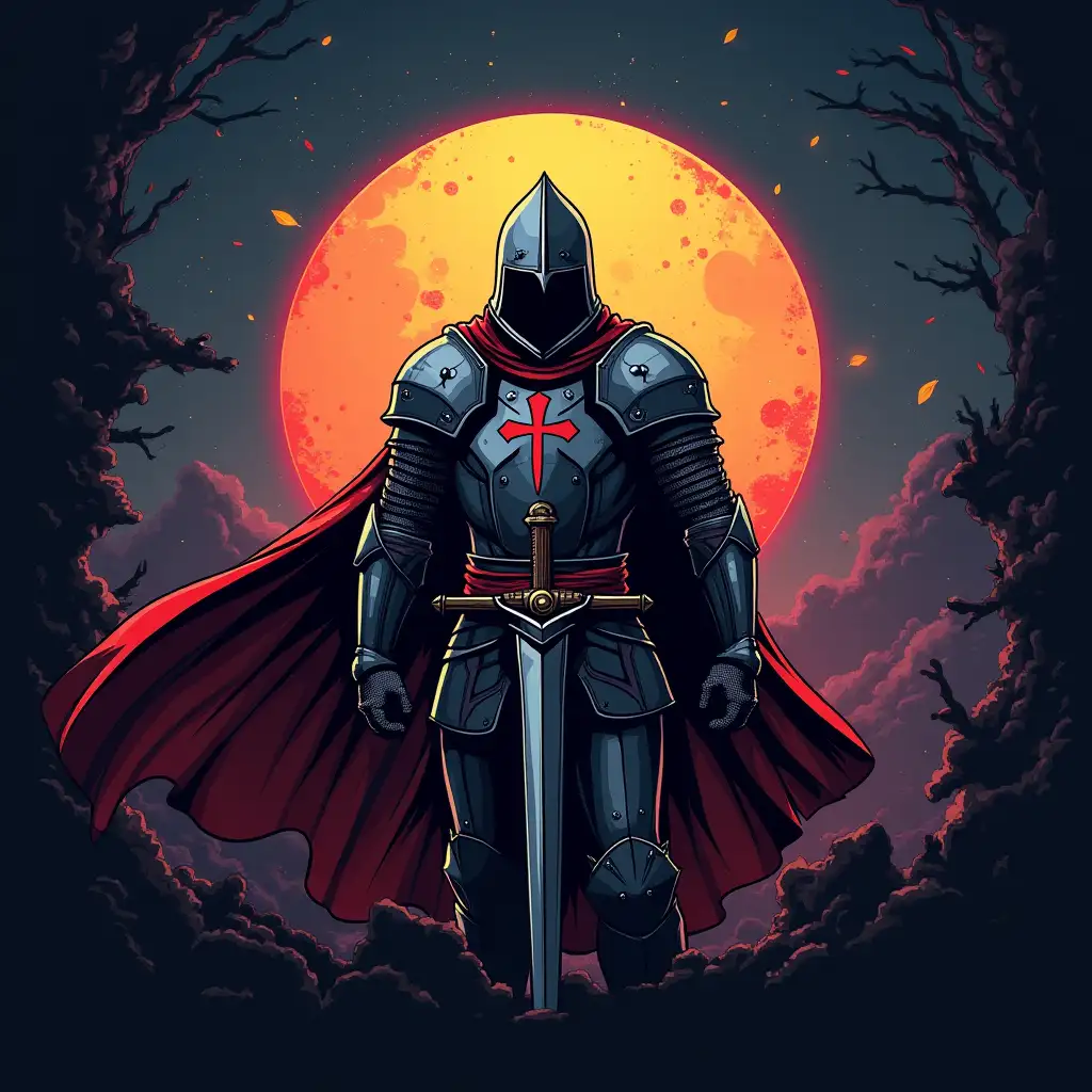 a logo with a knight templar on a futuristic background, comics style