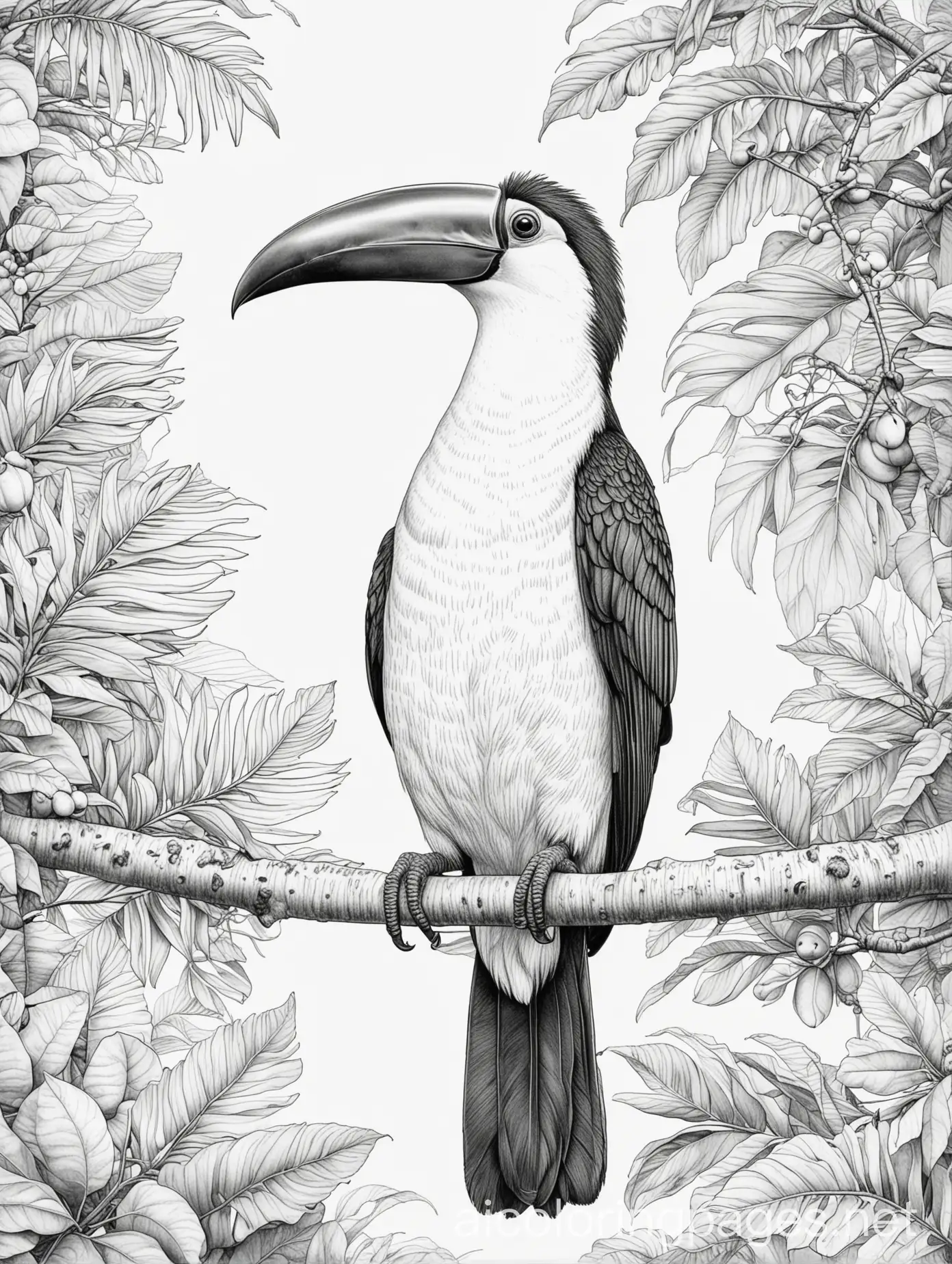 Coloring-Page-of-a-Toucan-Perched-on-a-Tree-Surrounded-by-Tropical-Foliage