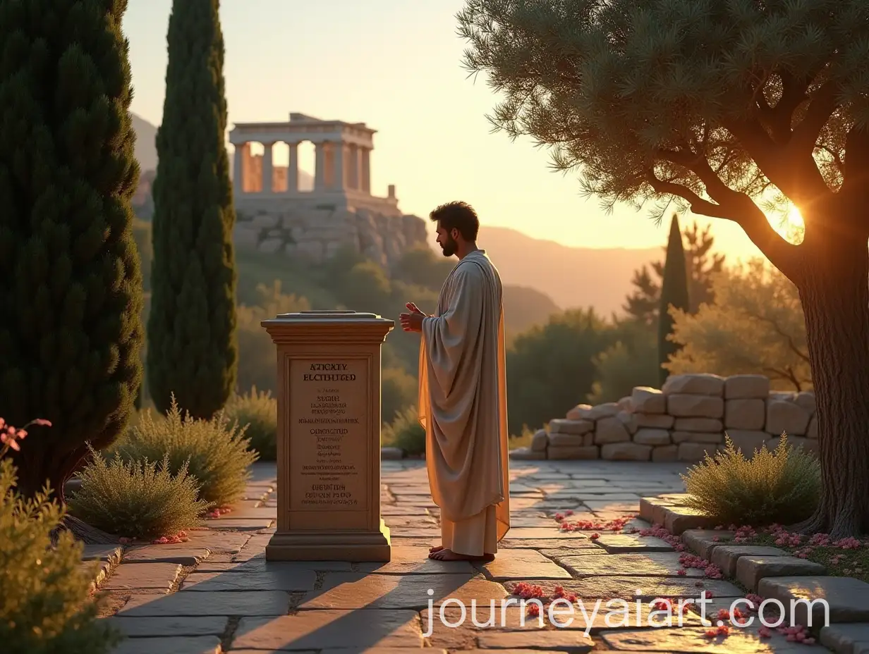 Man-Reflecting-in-Ancient-Greek-Garden-with-Funerary-Stele-and-Ruins
