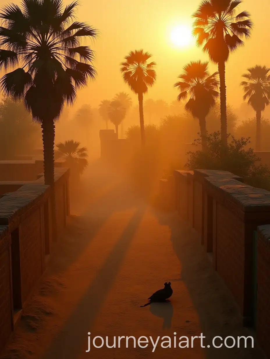 Aerial-View-of-a-Quiet-Palm-Grove-at-Sunset-with-a-Lone-Unita-Near-Mudbrick-Wall