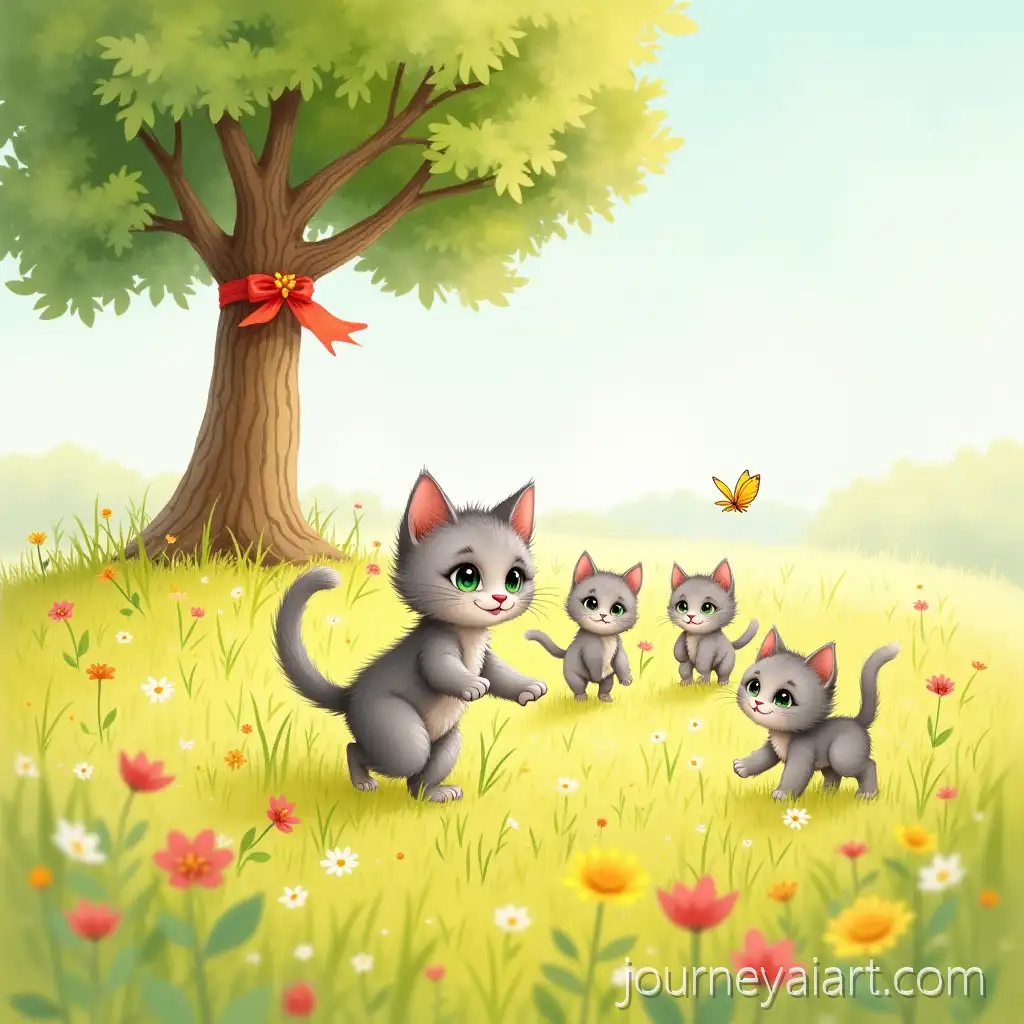 Cute-Gray-Kitten-with-Green-Eyes-Playing-in-Sunny-Flower-Meadow