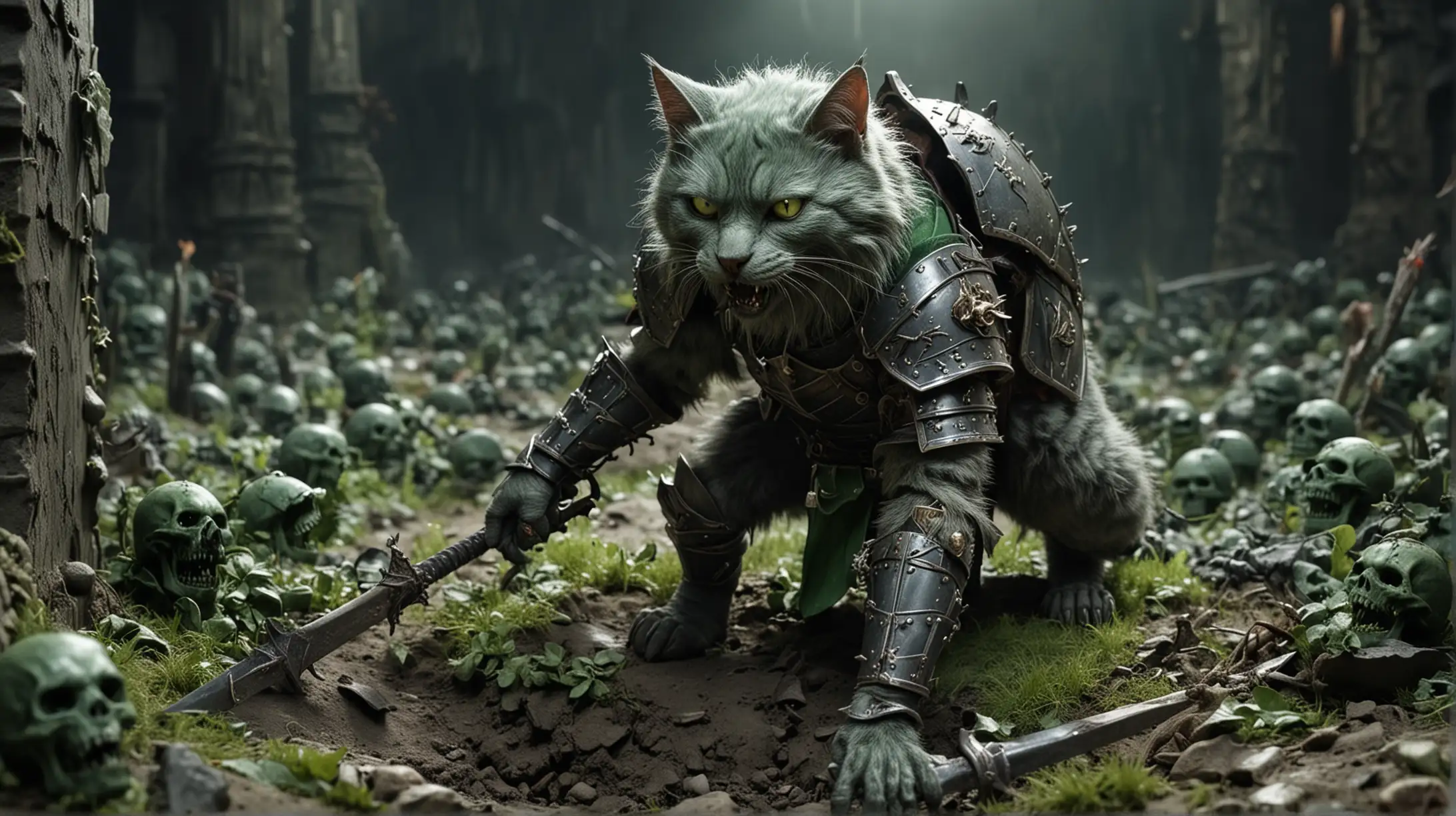 Green Zombie Cat Pulling Wolf Knight to Grave Pit in Medieval Armor