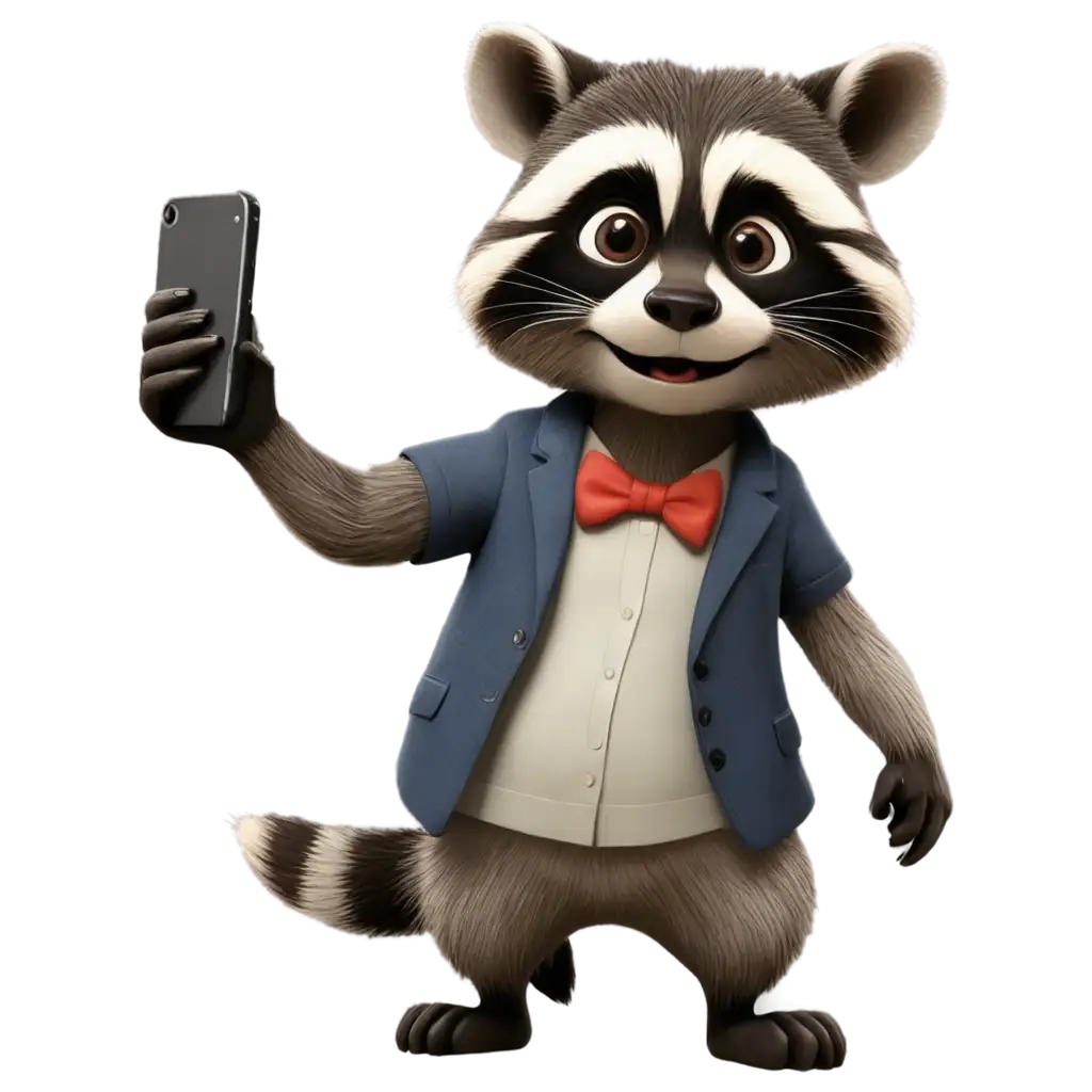 A rich cartoon raccoon takes a selfie on phone