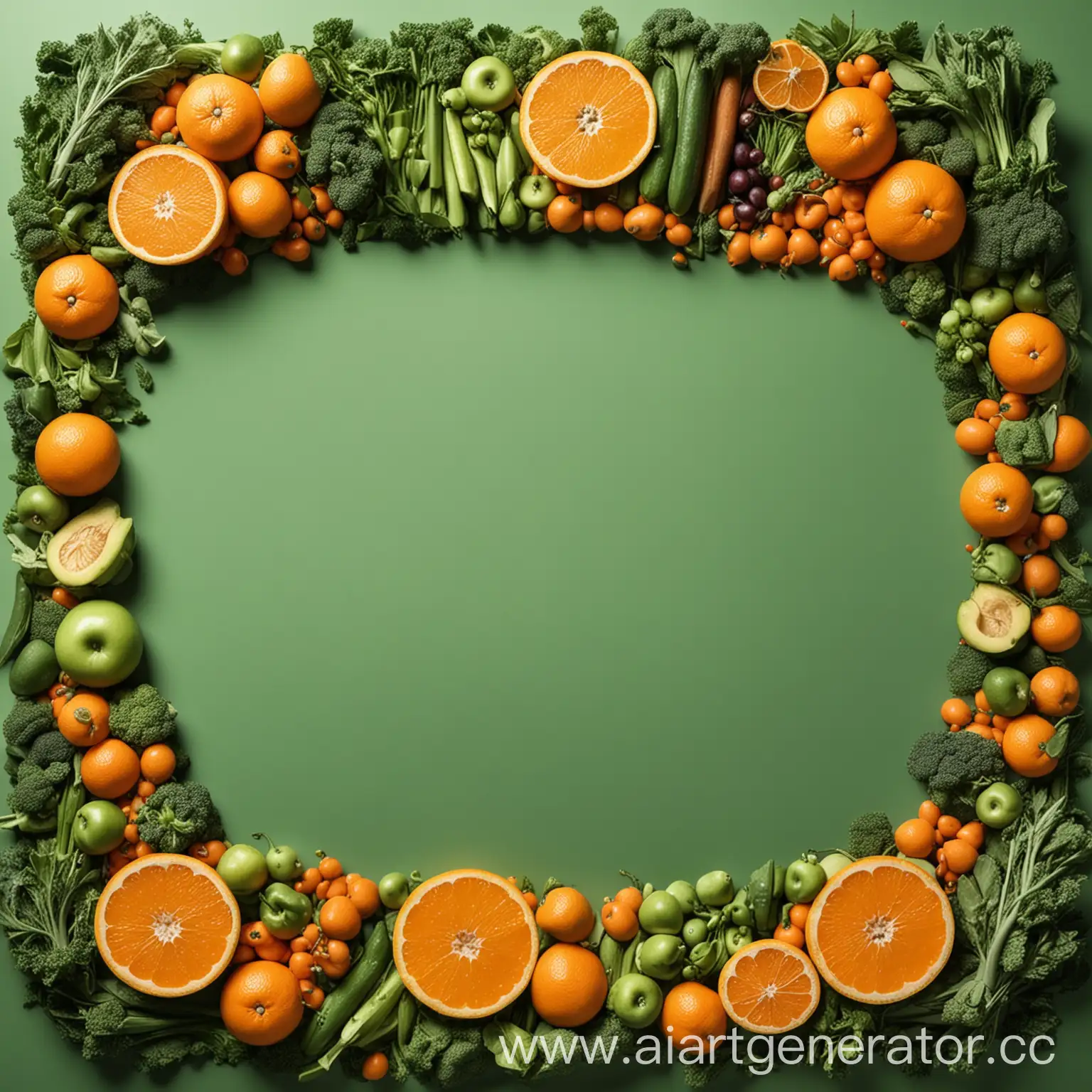 Colorful-Fruit-and-Vegetable-Display-on-OrangeGreen-Background