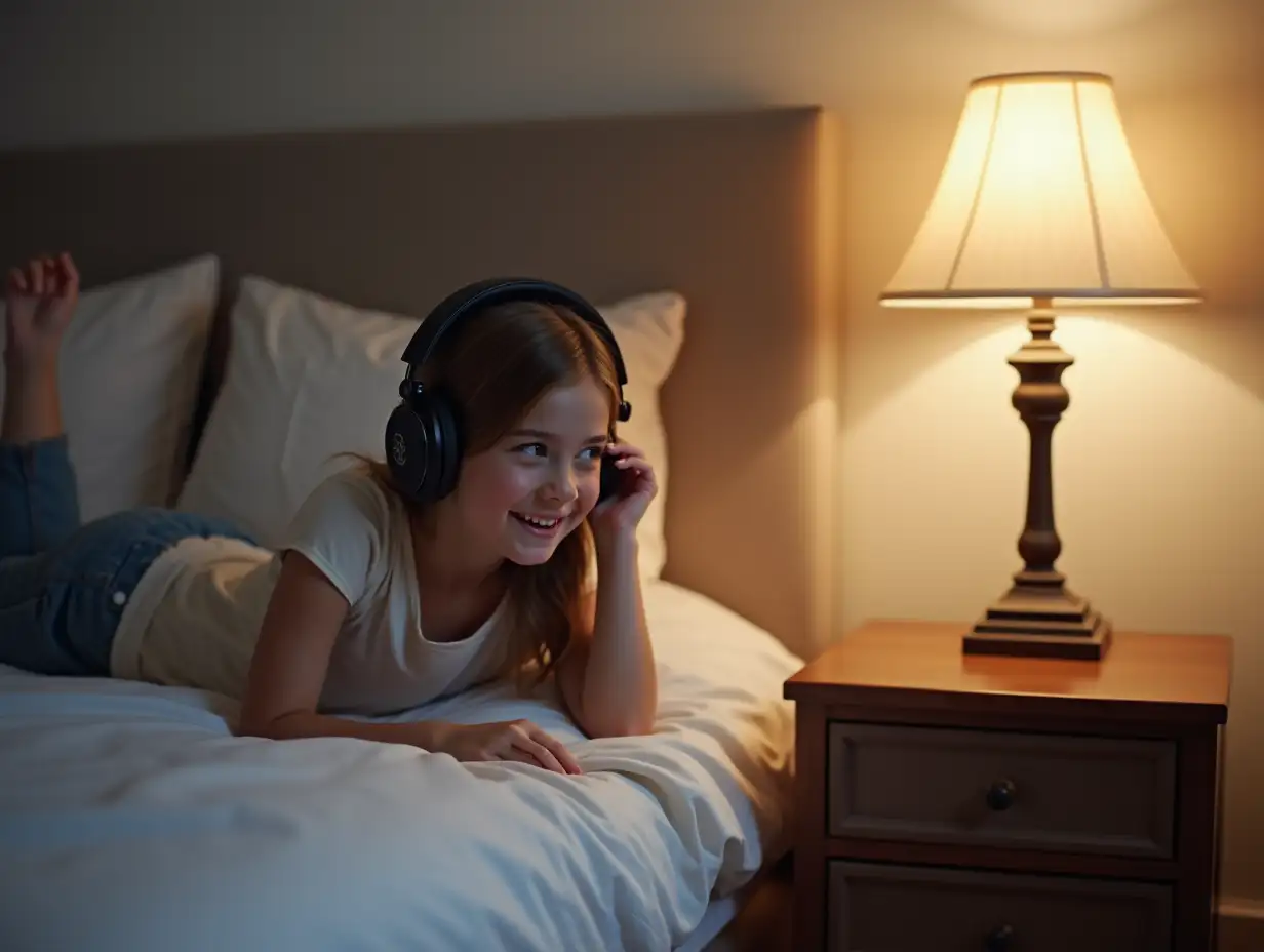 Girl-Relaxing-in-Bed-with-Headphones-and-Nightstand