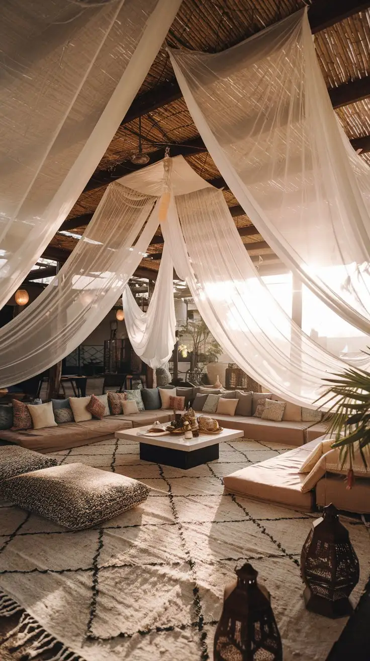 Wide shot, bohemian living room, seating area with floor cushions and a low coffee table, sheer white fabric canopy draped from the ceiling above the seating area, creating a soft and airy feel, sunlight filtering through the fabric, Moroccan style rug, lanterns, plants, warm and inviting atmosphere, focus on the fabric draping and light play, real living room setting, daytime