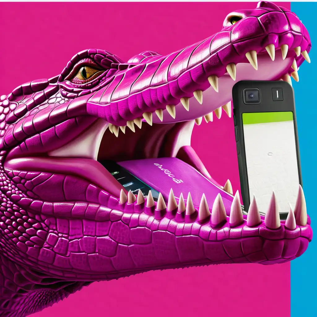 Magenta Crocodile Holding Phone in Mouth