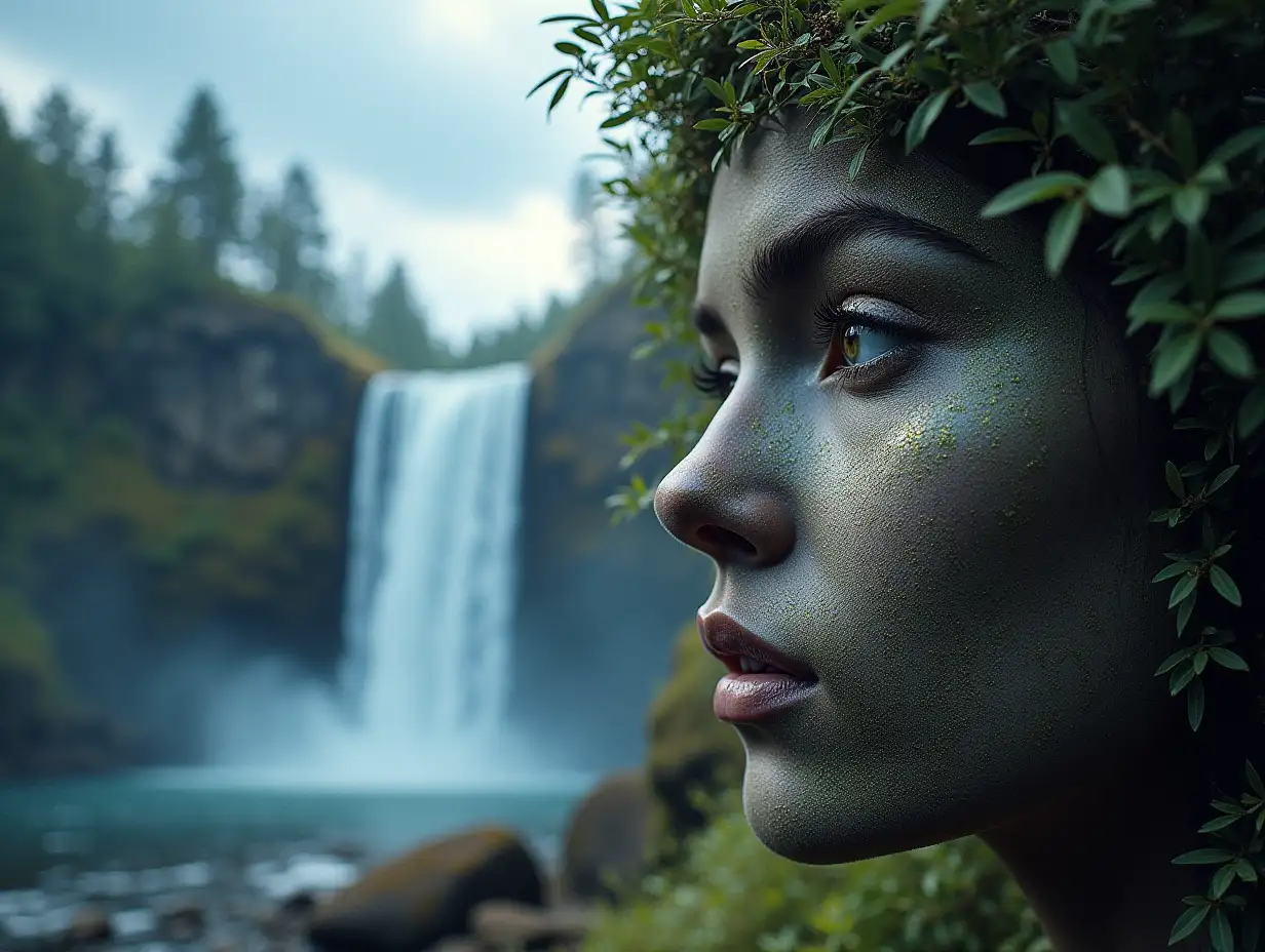 Face with trees and in the background a waterfall with rocks and a blue cloudy sky