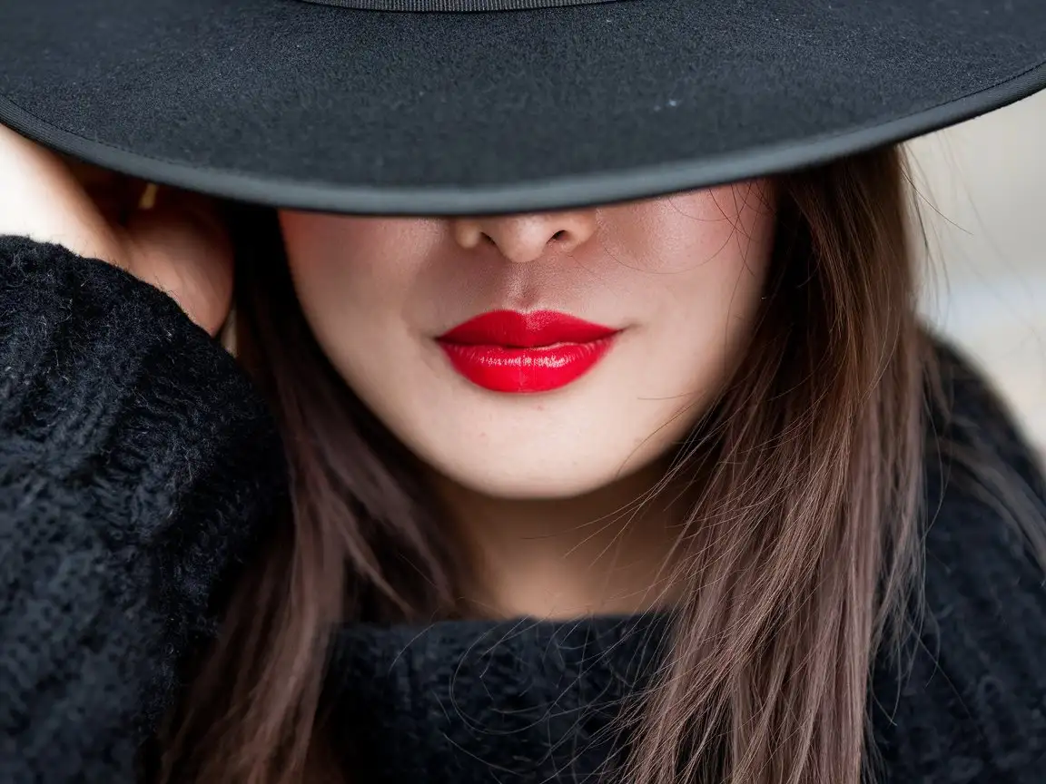 Mysterious-Chinese-Woman-in-Black-Hat-with-Shiny-Red-Lipstick