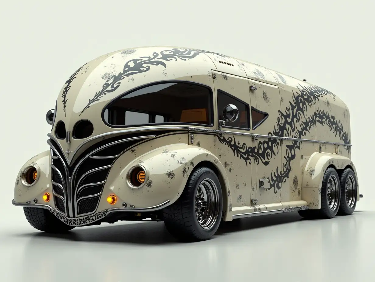 Supermodern utopian sports bus lowered body with skull, aluminum wheels, wide tires, cream black zig zag pattern science fiction