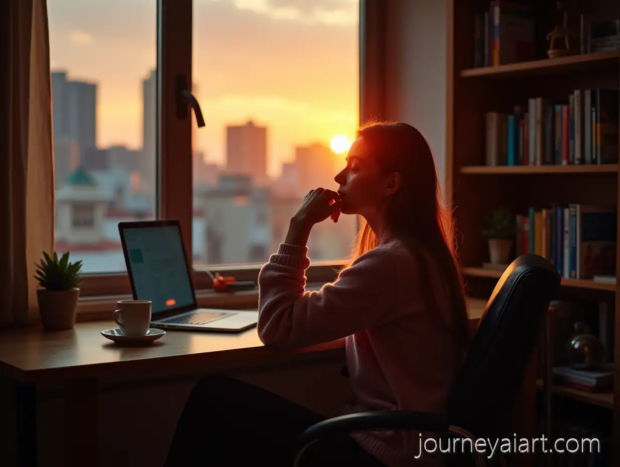 Student-Gazing-at-SunsetStudent-Contemplating-Sunset-Over-City-from-Office-Chair