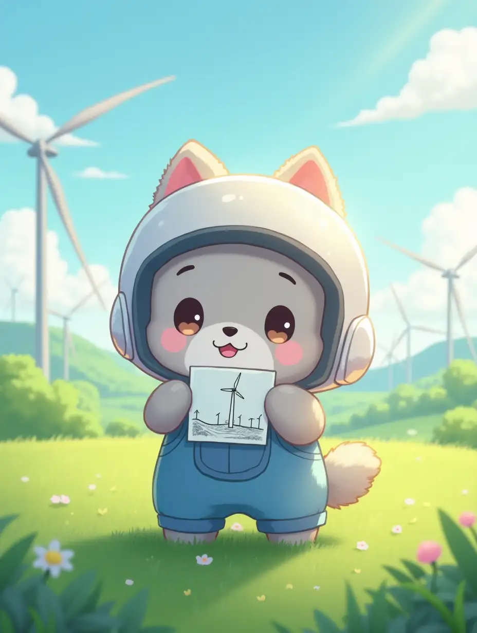 kawaii positive little fluffy anime style a light gray puppy cat in a white helmet and blue overalls with a drawing of a wind turbine in your hands. Green fields with wind farms in the background with atmosphere of magical glow, paint in cartoon anime style