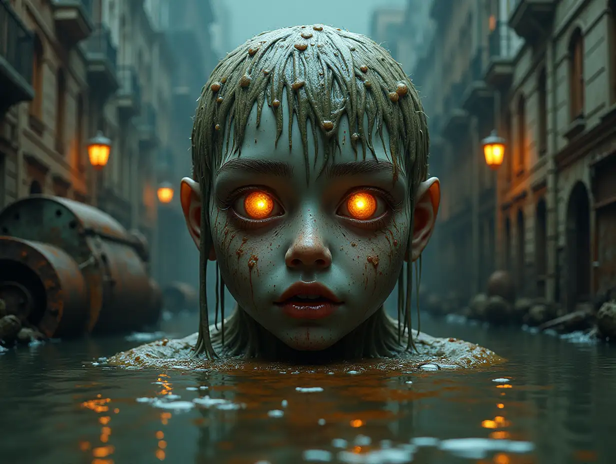 Creating a digital photo of a face with slime hair, that transforms into a building with brown soup and illuminated toilet with rusty iron and a river with floating paint and rusty lanterns and strange eerie creatures