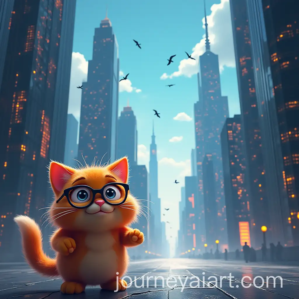 Fluffy-Orange-Cat-with-Glasses-in-CyberCity-Entrance