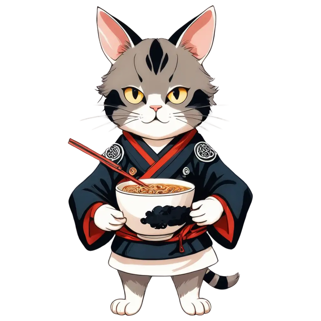 Samurai-Cat-Eating-Ramen-withPNG-Image-Usage-Analysis-Mouse-PNG-Image-in-Japanese-Ink-and-Brush-Style