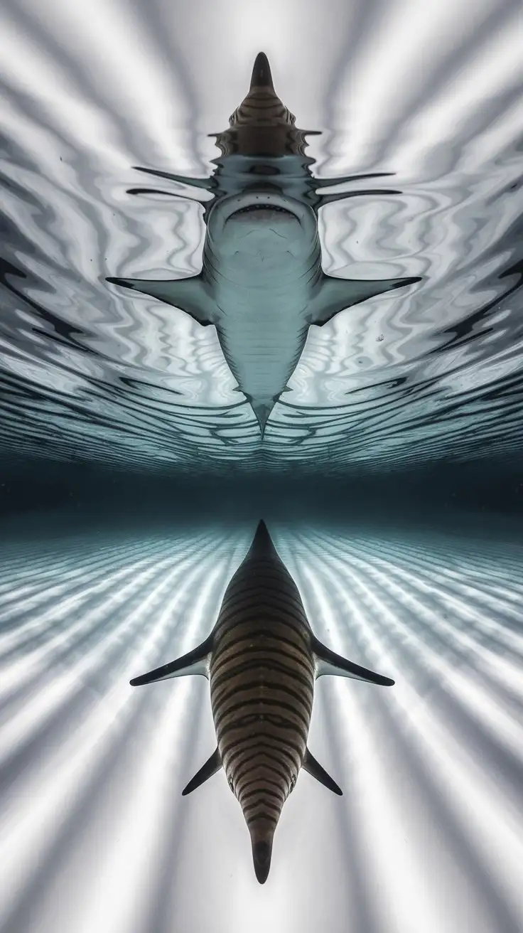 Symmetrical-Underwater-Photograph-of-a-Tiger-Shark-with-Perfect-Reflection