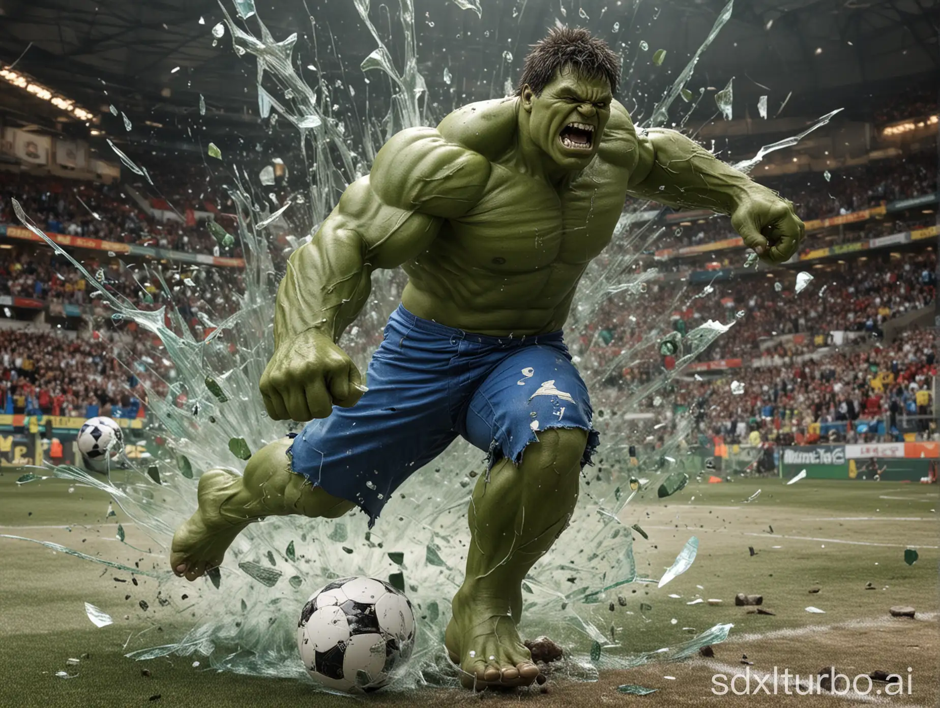 hulk kicking a soccer ball breaking glass