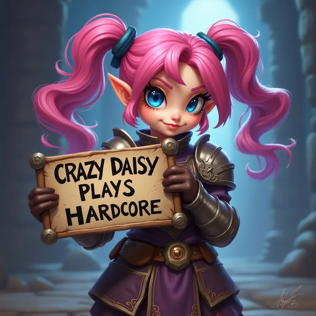 World of Warcraft, gnome female, with pink pigtail hair, and blue eyes, in mail armor, holding a sign, saying Crazy Daisy Plays Hardcore