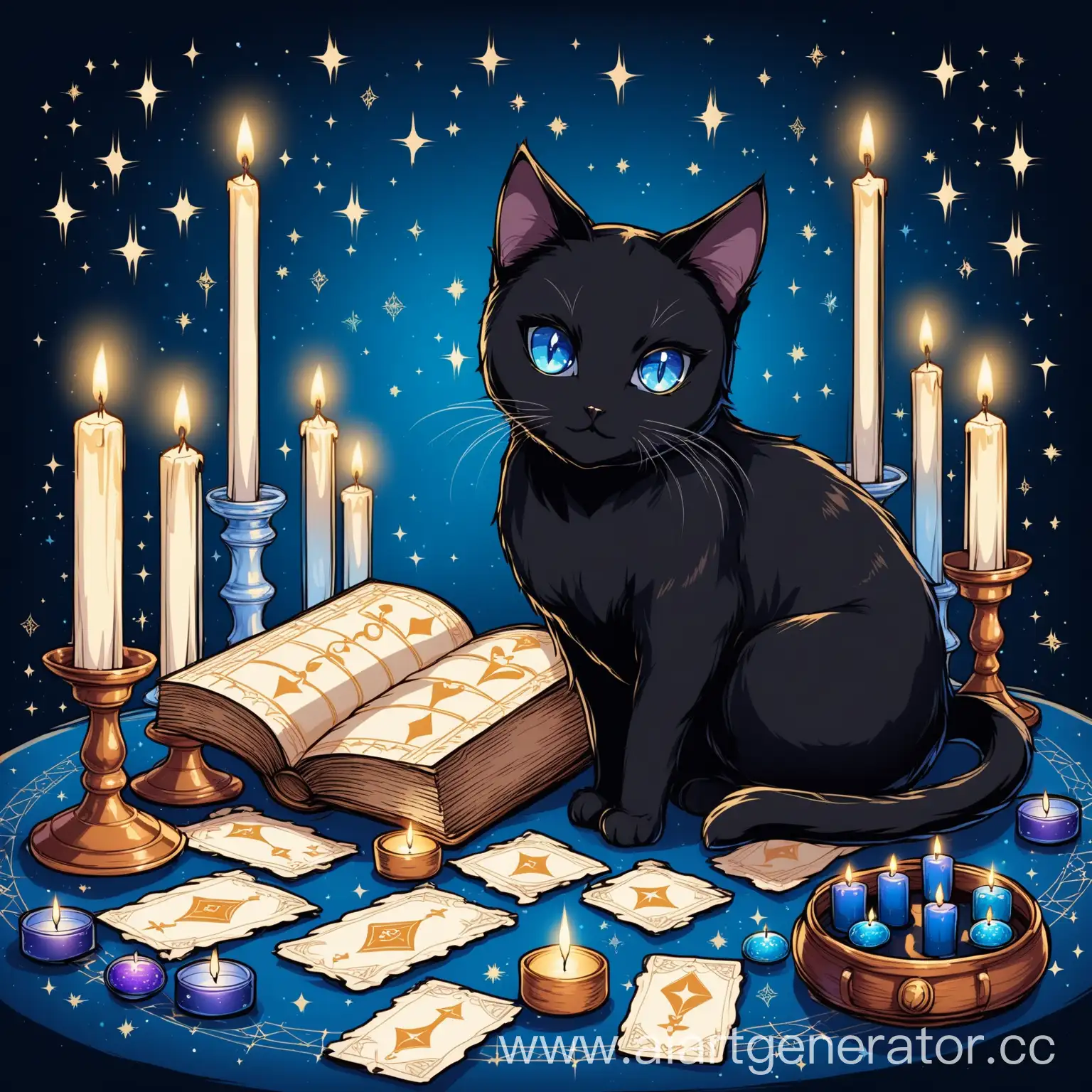 Black-Cat-with-Blue-Eyes-Fortune-Telling-on-Tarot-Cards