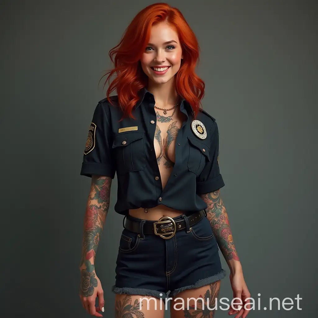 Photorealistic Beautiful Woman Smiling in Police Cosplay with Colorful Tattoos