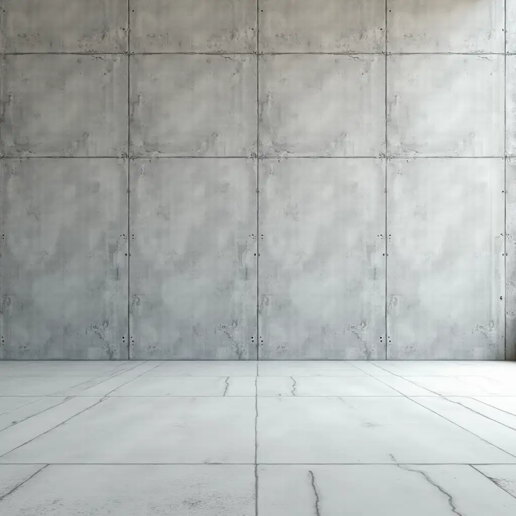 A photorealistic image of a large, flat, empty concrete floor taking up most of the bottom of the image, with a concrete wall in the background