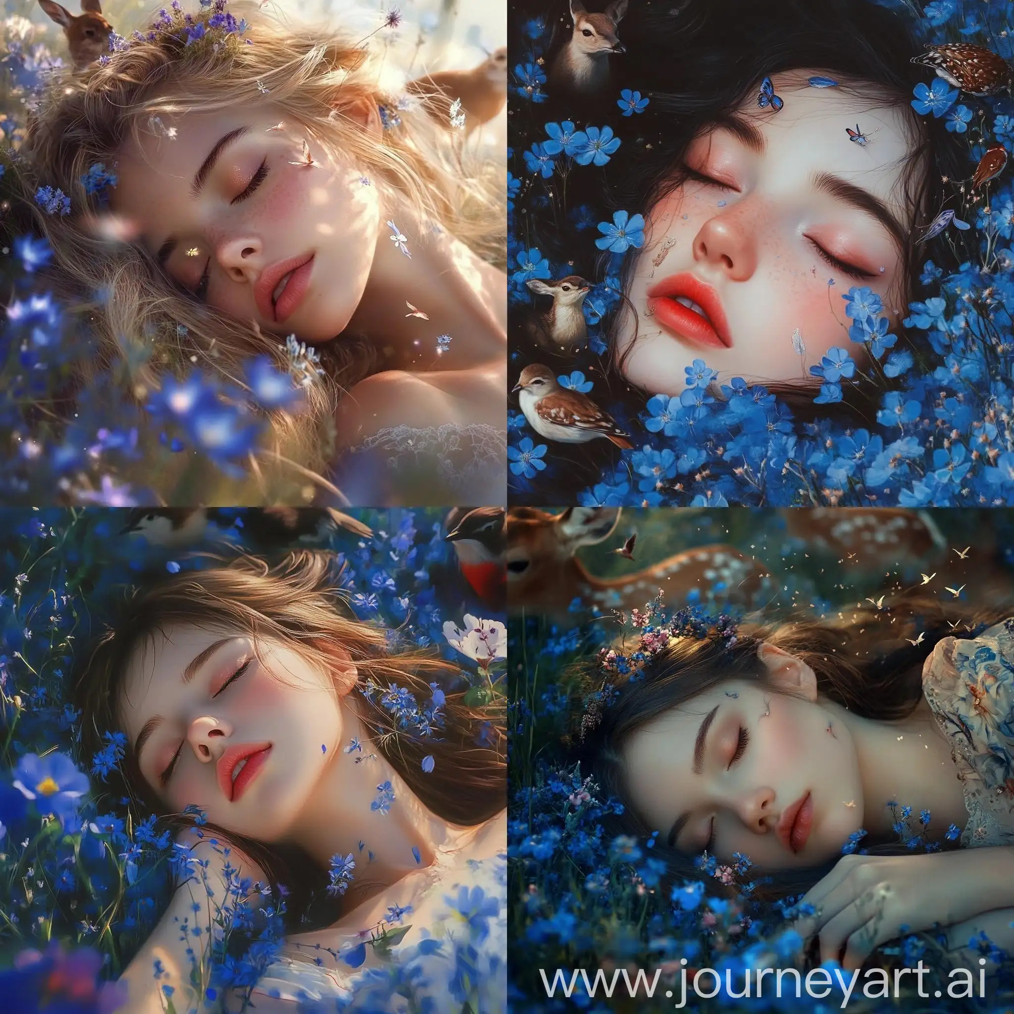 Girl-Sleeping-in-a-Field-of-Blue-Flowers-with-Deer-and-Birds-in-Morning-Light