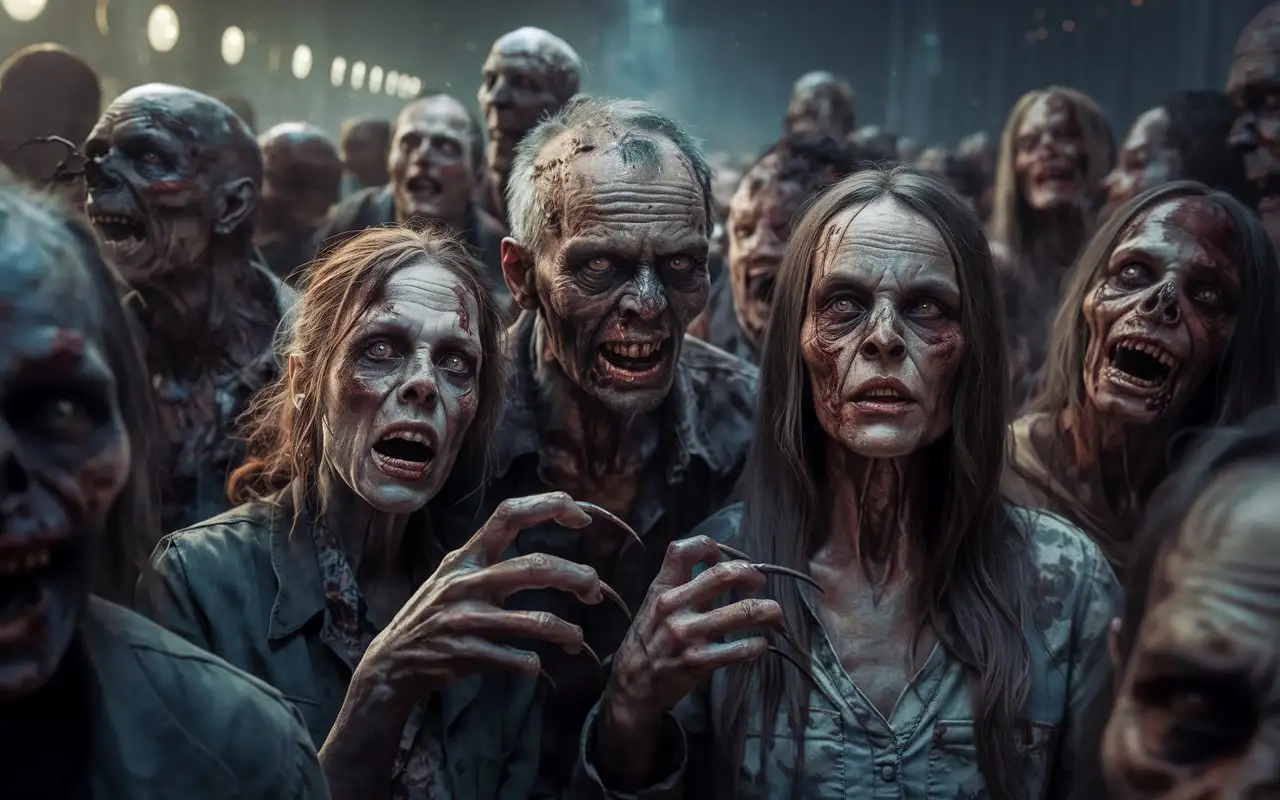 A terrifying crowd of ugly, rotten zombie and zombie women creatures stretches out their long- pointed fingernailed like claws hands, Hyperrealism, cinematography, high detail, photorealistic, high quality, photorealistic, aggressive, gloomy atmosphere, realism, minute details, detailed nails, horror, atmospheric lighting, full anatomical study, photorealism, detail, texture, gloomy, frightening, night scene, tense, creepy, undead, creepy, sinister, atmospheric lighting, nightmare, grotesque, horror, realistic anatomy, the close up