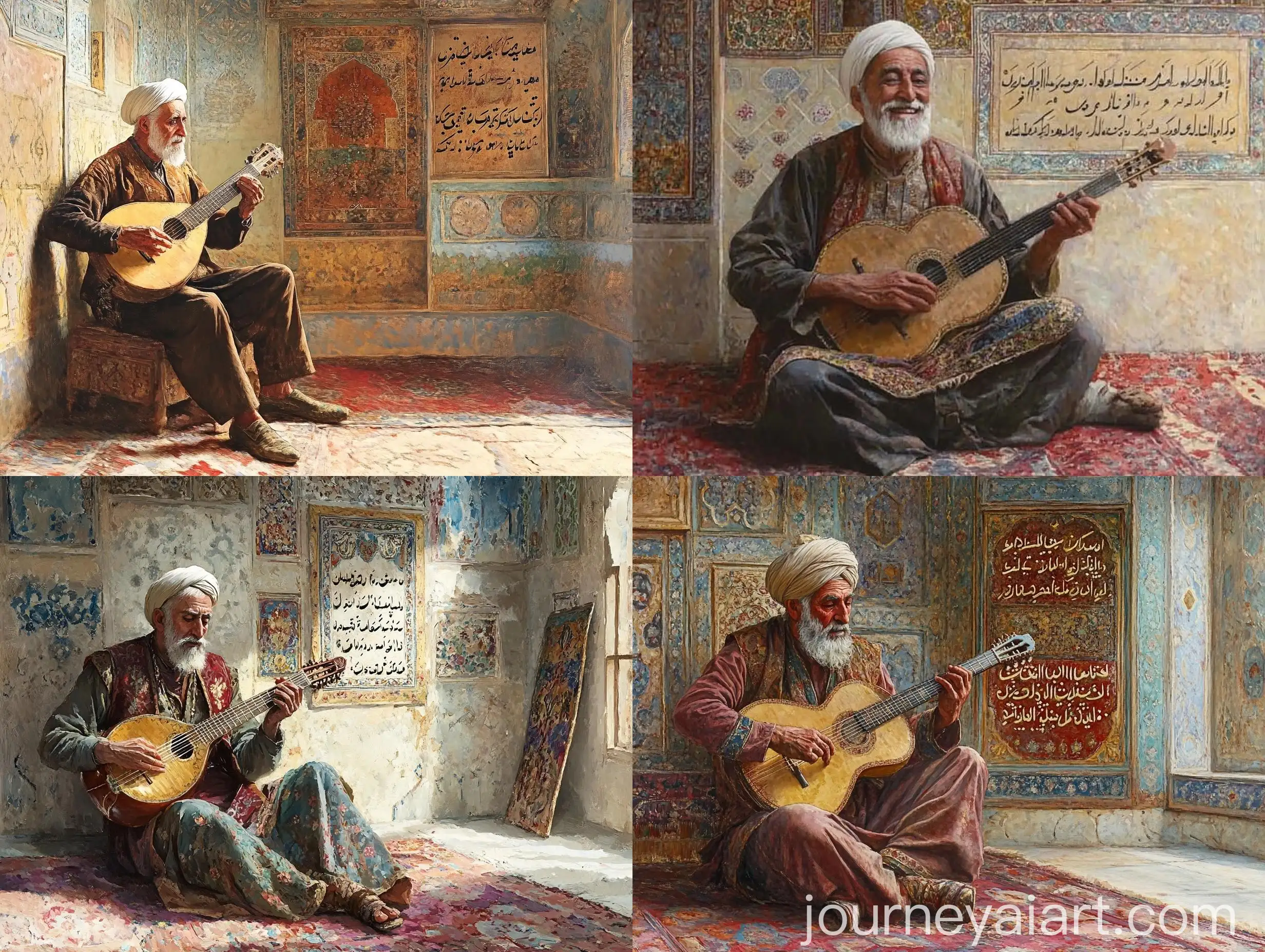 Historical-Persian-Room-with-Elderly-Musician-Playing-Persian-String-Instrument
