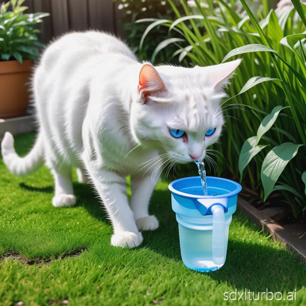 a white cat with blue eyes drinking water from a water cup at the gardenndo not touch water with pawsncat stand on a gee grass garden