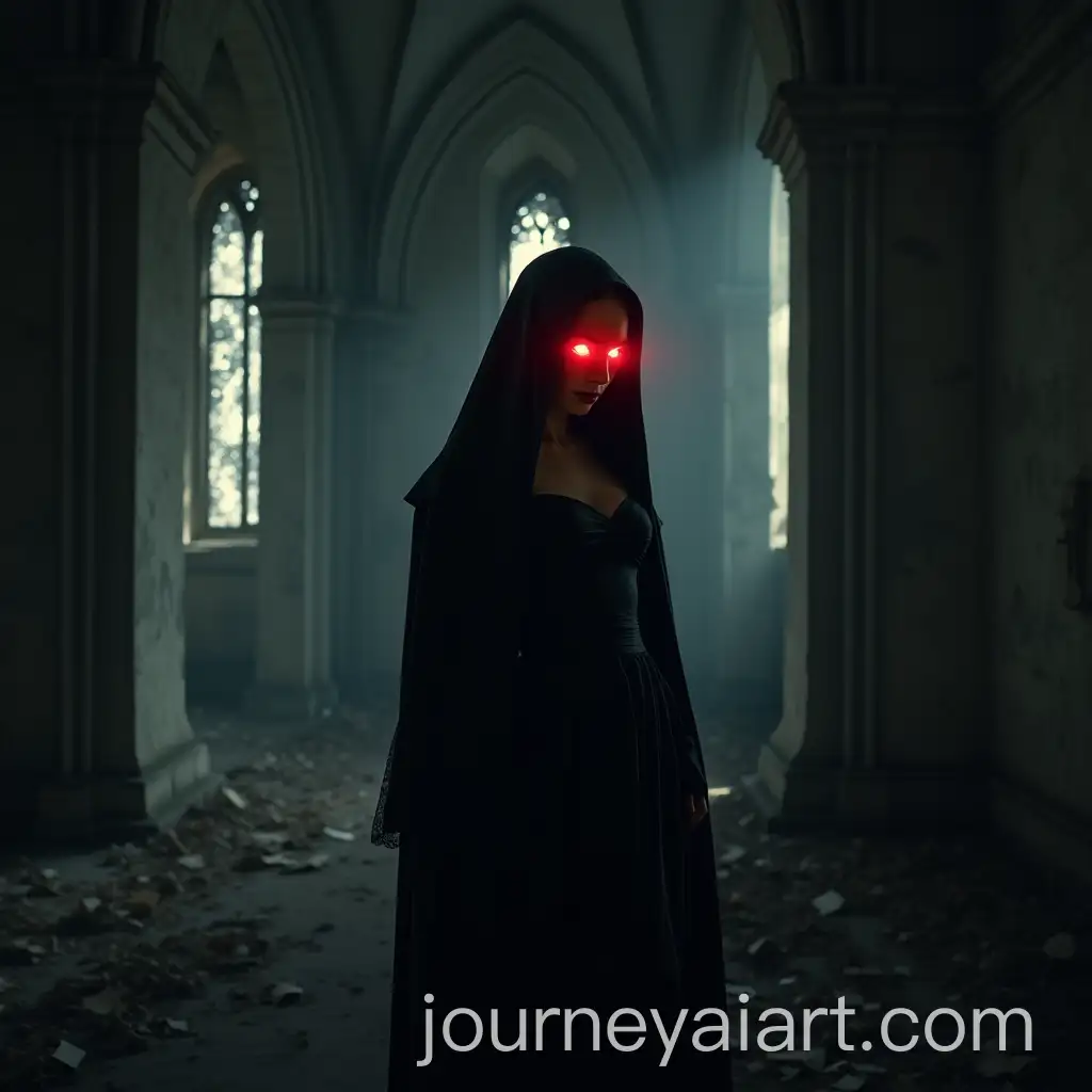 Enigmatic-Woman-with-Red-Glowing-Eyes-in-Abandoned-Gothic-Church
